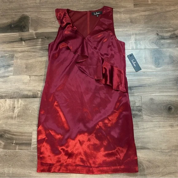 NWT Lulu’s Aubrianna Wine Red Satin Ruffled Mini Dress - Picture 7 of 12